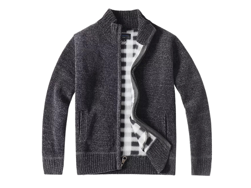 Men’s Full-Zip Knit Sweater Jacket with Plaid Lining