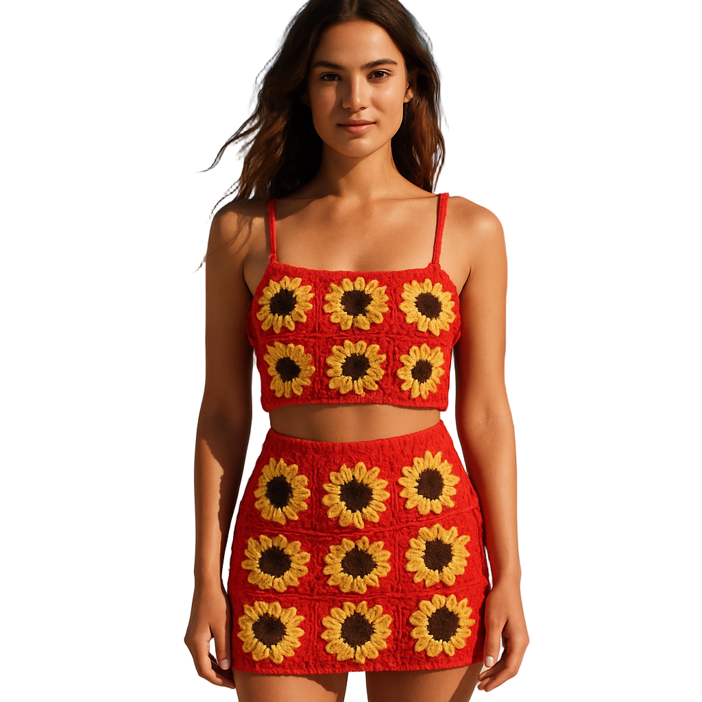 Women Handmade Sunflower Crochet Two-Piece Set