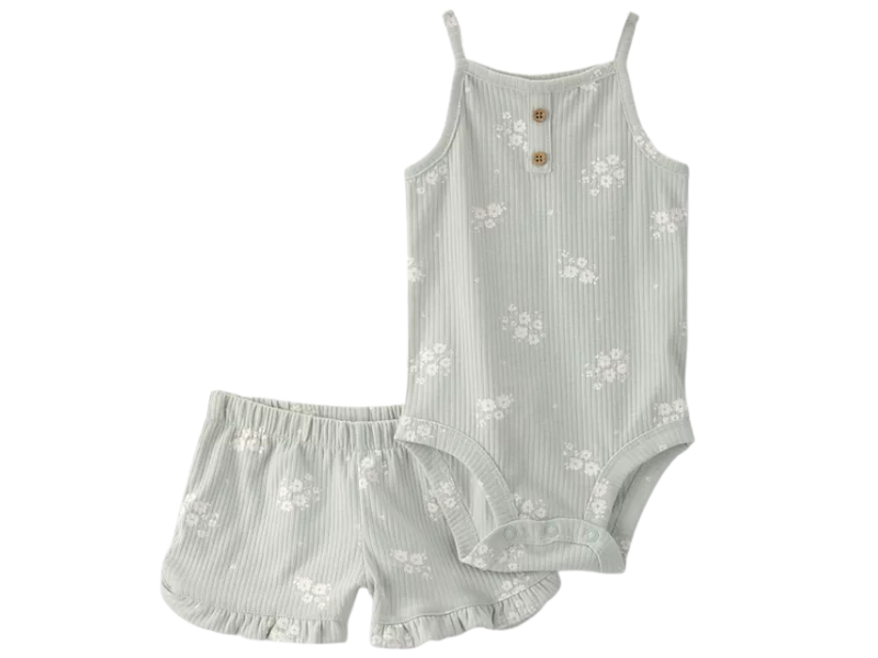 Baby Girls Floral Ribbed Bodysuit & Ruffle Shorts 2-Piece Set