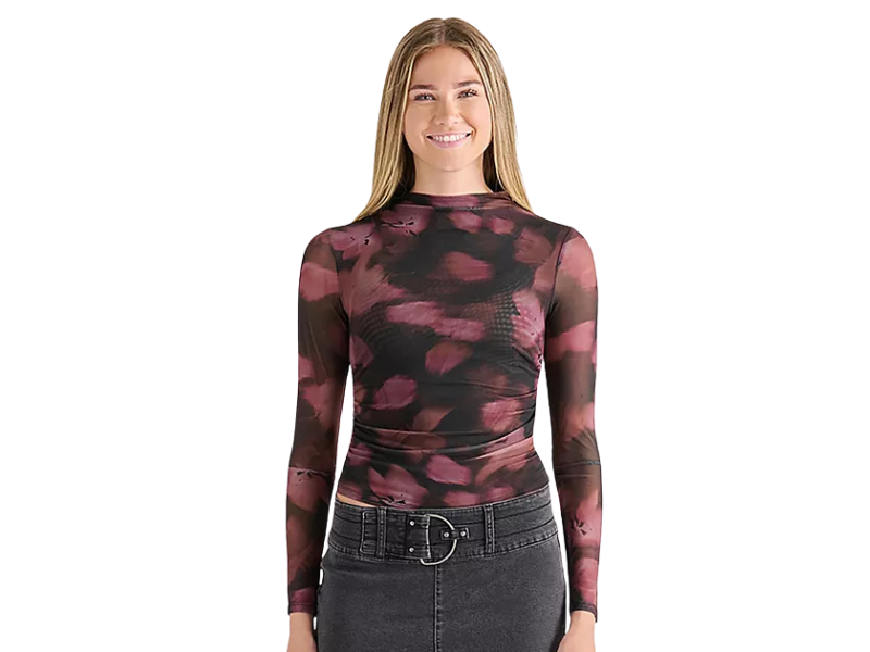 Women’s Abstract Print Mesh Mock Neck Long Sleeve Top