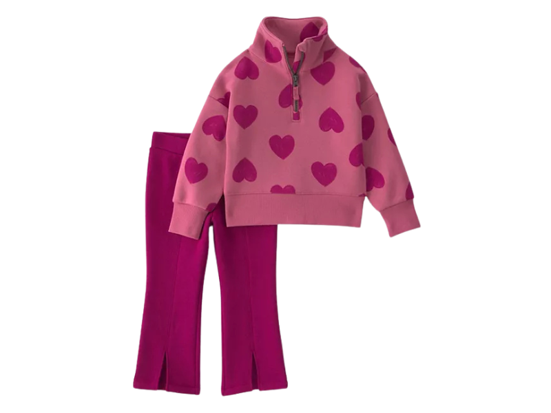 Girls 2-Piece Heart Print Half-Zip Pullover & Flare Pants Set