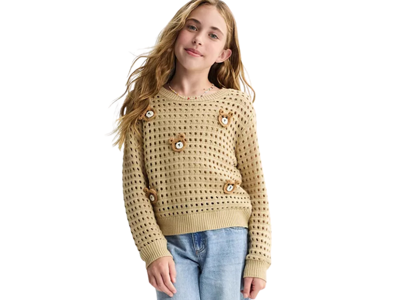 Girls’ Crochet Flower Appliqué Sweater