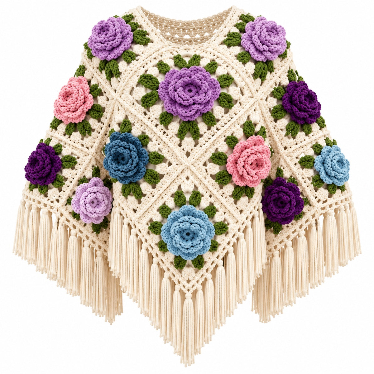 Women Floral Crochet Poncho